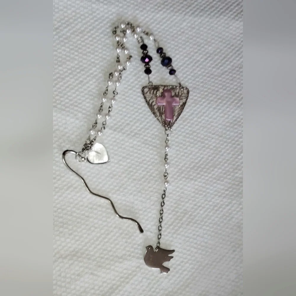 Pink and White Rosary Bookmark with Silver Tone Dove Charm Handmade